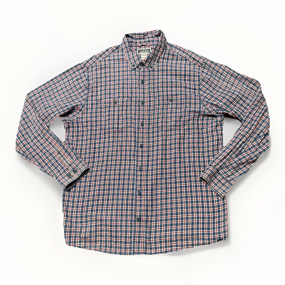 Duluth Trading Shirt Mens XLT Blue Plaid Long Sleeve Button Up Flannel Untucked‎